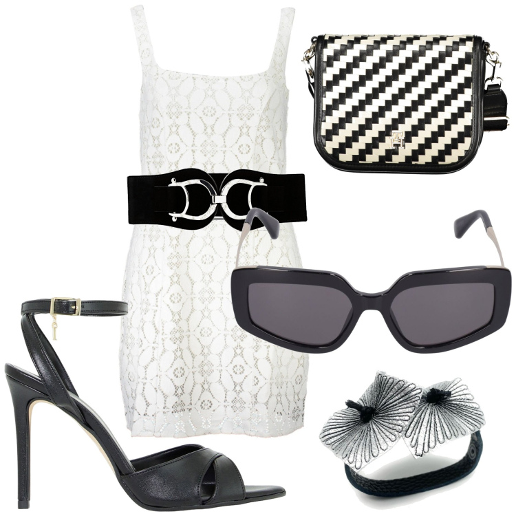 Outfit donna - Una vita in bianco e nero. Stile Rock per Tutti i giorni. Abbinamento con cinture, braccialetti, décolleté, vestiti corti, occhiali da sole, borse a tracolla.