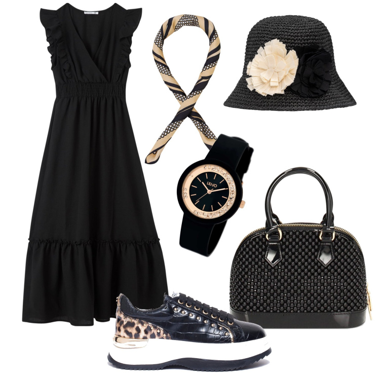 Outfit donna - Tocco animalier e due fiori. Stile Trendy per Tutti i giorni. Abbinamento con orologi, vestiti lunghi, foulard, sneakers, borse a mano, cappelli.