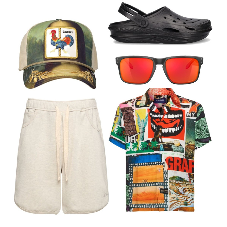 Outfit uomo - After hour. Stile Urban per Mare. Abbinamento con occhiali da sole, cappelli, camicie, shorts, sandali.