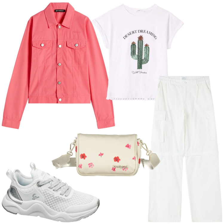 Outfit donna - Tonalità dolci. Stile Basic per Tutti i giorni. Abbinamento con pantaloni cargo, t-shirt, blazer, sneakers, borse a spalla.