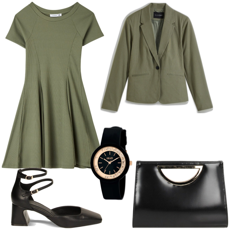 Outfit donna - Vestiti primaverili. Stile Minimal per Serata fuori. Abbinamento con blazer, orologi, vestiti corti, décolleté, pochette.