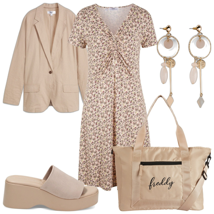 Outfit donna - Il beige anche di pomeriggio. Stile Casual chic per Tutti i giorni. Abbinamento con vestiti midi/longuette, orecchini, blazer, borse tote, zeppe.