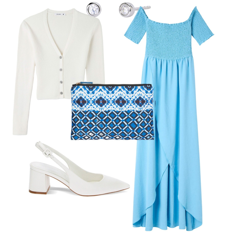 Outfit donna - Chic cerimonia serata al mare. Stile Chic per Cerimonia. Abbinamento con vestiti lunghi, cardigans, orecchini, décolleté, pochette.