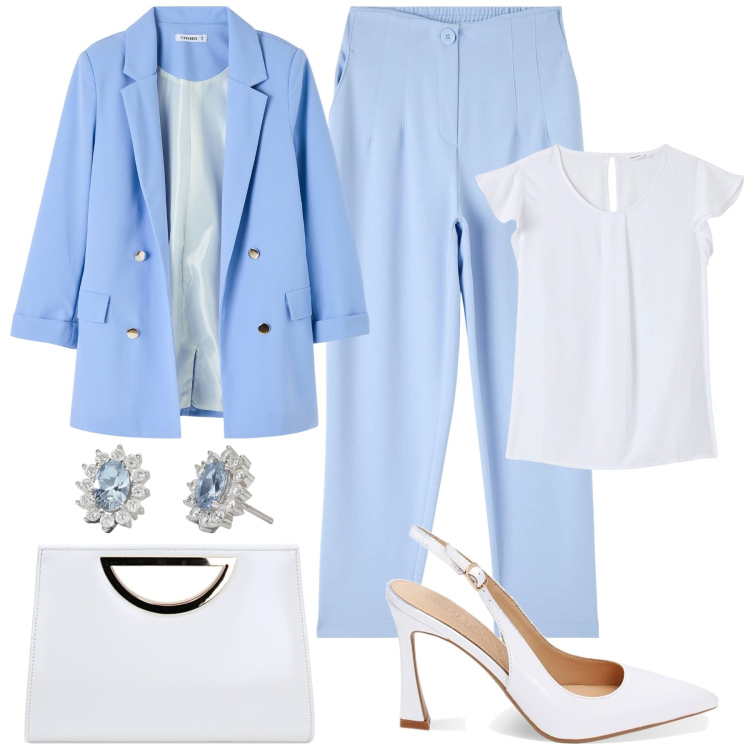 Outfit donna - Che classe!. Stile Chic per Cerimonia. Abbinamento con pantaloni chino, bluse, blazer, orecchini, pochette, décolleté.