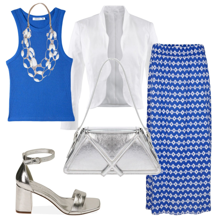 Outfit donna - La gonna bluette. Stile Urban per Ufficio. Abbinamento con blazer, gonne lunghe, canottiere, sandali col tacco, borse a spalla, collane.