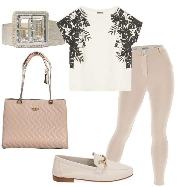 Outfit donna - Primavera in beige. Stile Casual chic per Tutti i giorni. Abbinamento con cinture, pantaloni skinny, t-shirt, mocassini, borse a spalla.