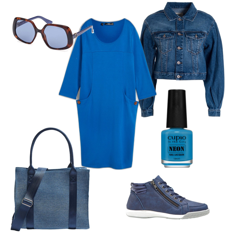 Outfit donna - Passeggiata ton sur ton. Stile Casual chic per Tutti i giorni. Abbinamento con sneakers alte, vestiti midi/longuette, smalti, shopping bag, giacche, occhiali da sole.