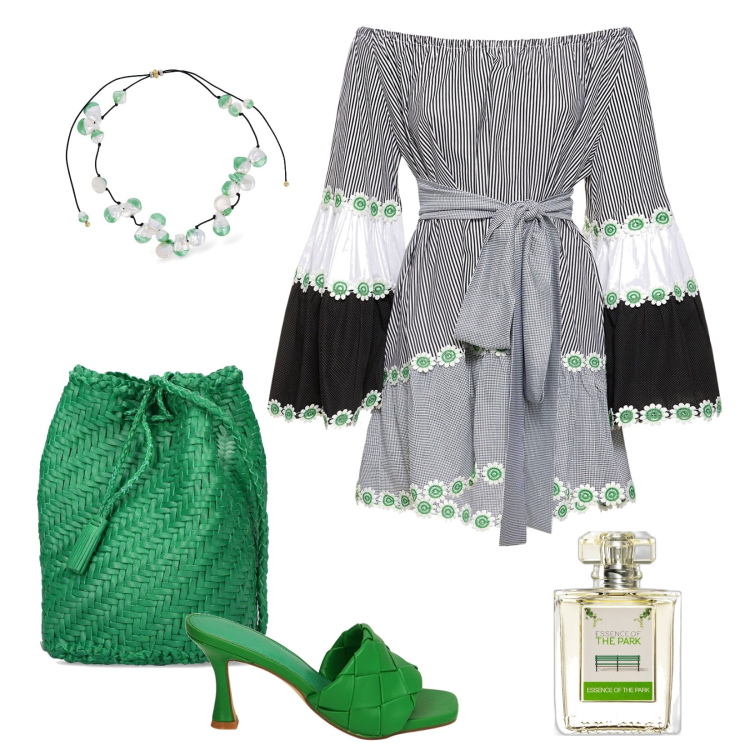 Outfit donna - Green. Stile Boho per Tutti i giorni. Abbinamento con profumi, pantofole, vestiti, borse a spalla, collane.