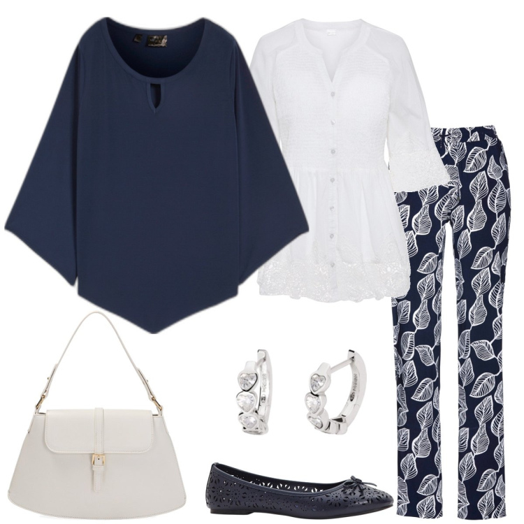 Outfit donna - Foglie. Stile Casual chic per Tutti i giorni. Abbinamento con pantaloni, maglieria, camicie, ballerine, orecchini, borse a spalla.