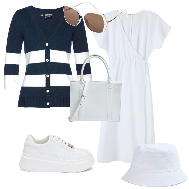Outfit donna - Trendy ufficio o tempo libero. Stile Trendy per Tutti i giorni. Abbinamento con cardigans, occhiali da sole, vestiti lunghi, cappelli, shopping bag, sneakers.