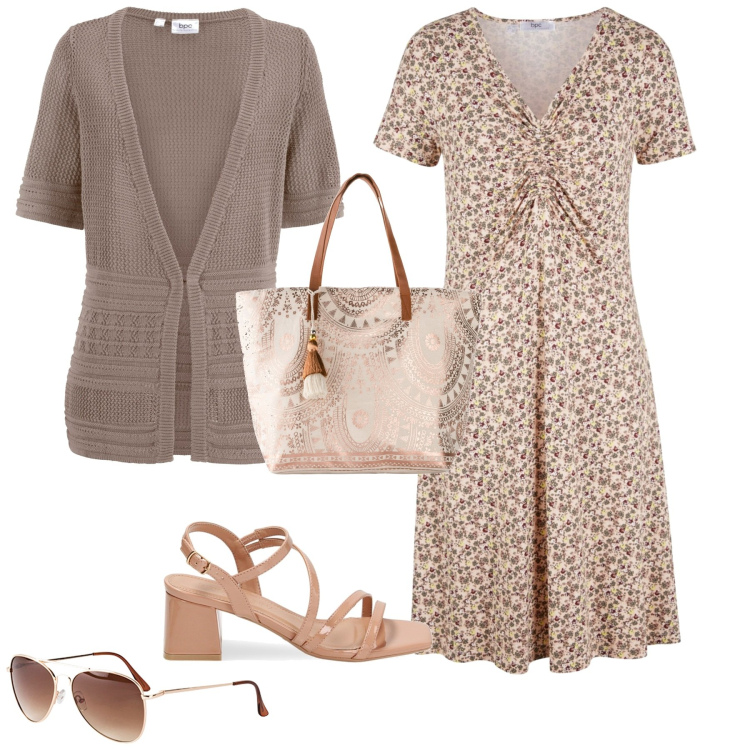 Outfit donna - Casual chic in ufficio a passeggio. Stile Casual per Ufficio. Abbinamento con vestiti midi/longuette, occhiali da sole, cardigans, shopping bag, sandali col tacco.