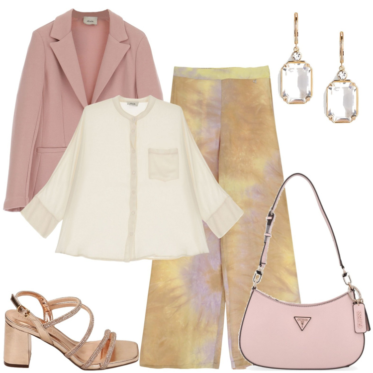 Outfit donna - Al battesimo di Aurora. Stile Casual chic per Cerimonia. Abbinamento con sandali gioiello, camicie, pantaloni a palazzo, blazer, orecchini, borse a spalla.