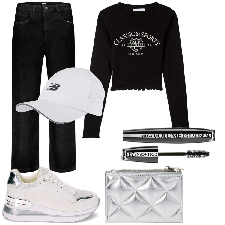 Outfit donna - Total look #1870939. Stile Urban per Tutti i giorni. Abbinamento con mascara, t-shirt, cappelli, sneakers, portafogli, jeans.