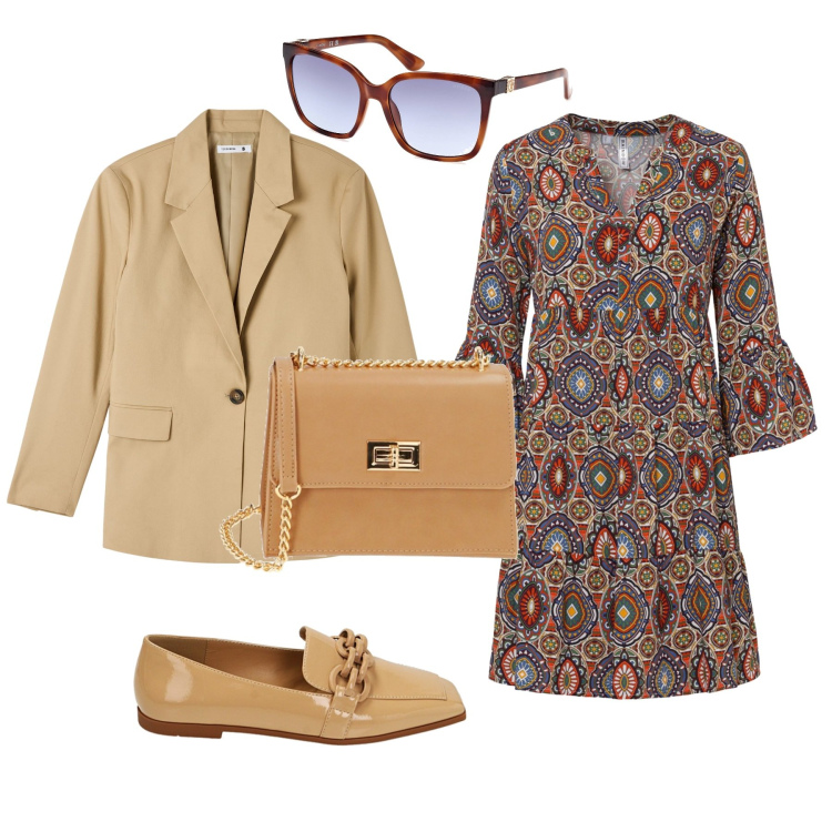 Outfit donna - Etnico chic ufficio week end. Stile Etnico per Ufficio. Abbinamento con vestiti corti, blazer, borse a tracolla, mocassini, occhiali da sole.