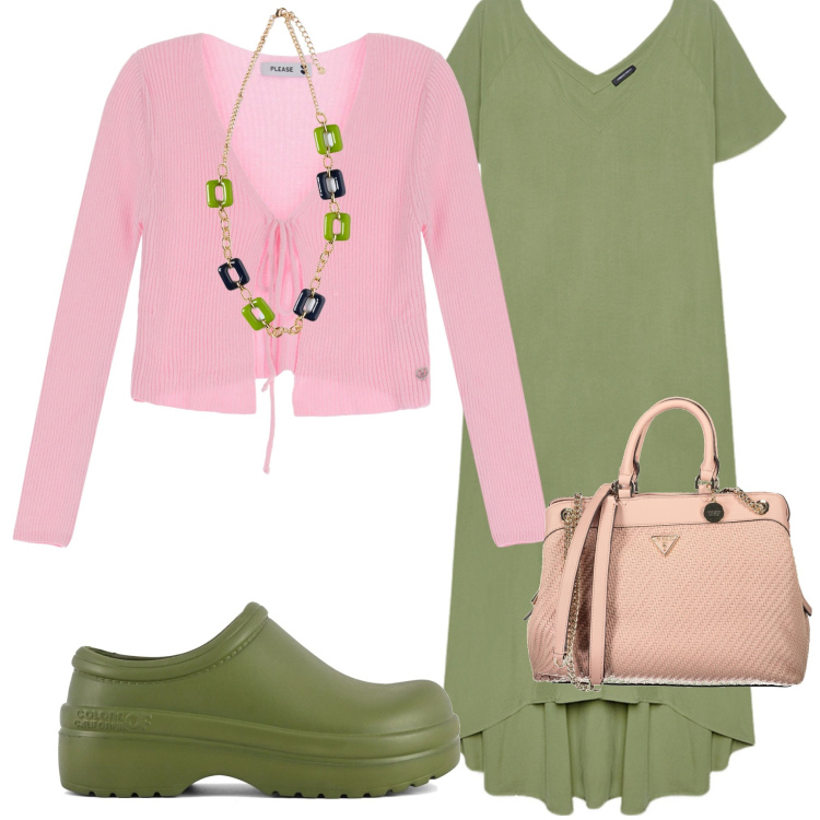 Outfit donna - Verde militare. Stile Casual per Tutti i giorni. Abbinamento con cardigans, zoccoli, vestiti lunghi, ciondoli, borse a spalla.