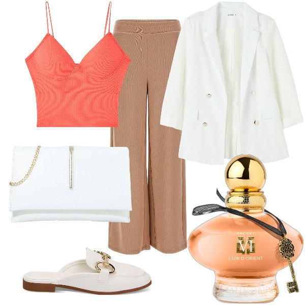 Outfit donna - Total look #1870959. Stile Minimal per Serata fuori. Abbinamento con profumi, blazer, top, pochette, sabot, pantaloni.