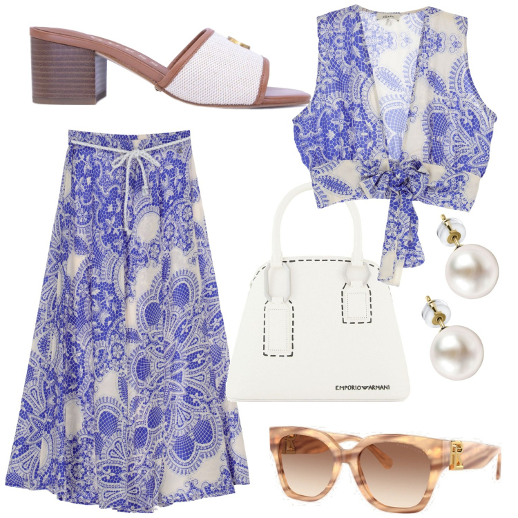 Outfit donna - Fashionable. Stile Casual chic Abbinamento con orecchini, gonne lunghe, top, occhiali da sole, borse a mano, ciabatte.