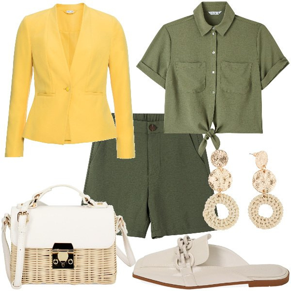 Outfit donna - Total look #1870968. Stile Casual chic per Tutti i giorni. Abbinamento con blazer, orecchini, bermuda, camicie a manica corta, borse a tracolla, sabot.