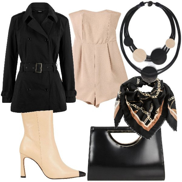 Outfit donna - Total look #1870981. Stile Sexy per Serata fuori. Abbinamento con stivaletti, trench, foulard, tuta corta, collane, pochette.