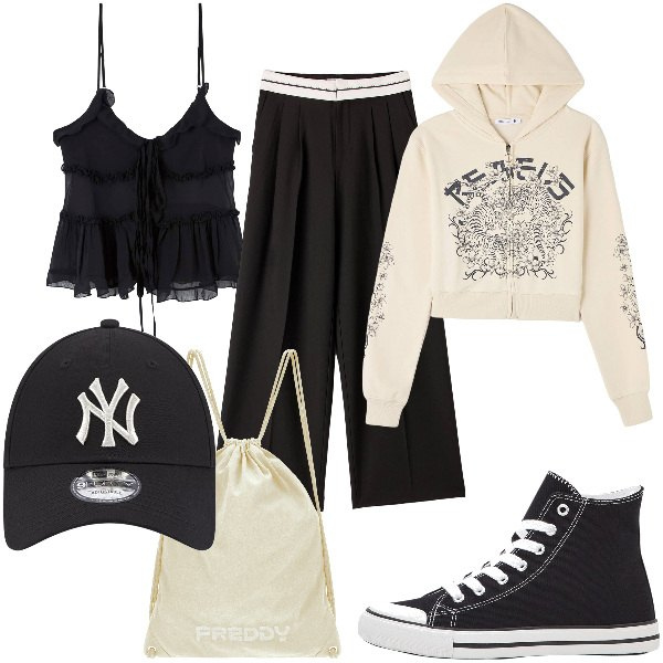 Outfit donna - Total look #1870982. Stile Casual per Tutti i giorni. Abbinamento con sneakers alte, pantaloni, top, felpe con cappuccio, zaini, cappelli.