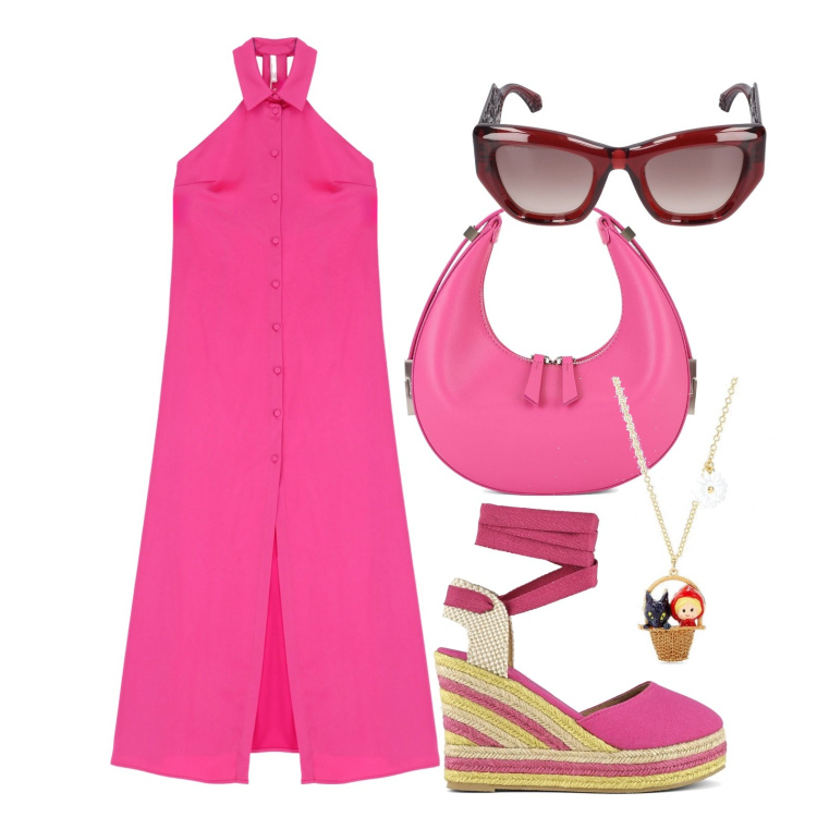 Outfit donna - Ghost outfitter - maggio. Stile Trendy per Tutti i giorni. Abbinamento con collane, vestiti lunghi, espadrillas, borse a mano, occhiali da sole.