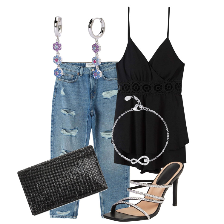 Outfit donna - Total look #1870987. Stile Casual chic per Serata fuori. Abbinamento con jeans mom, tuta corta, sandali col tacco, braccialetti, orecchini, pochette.