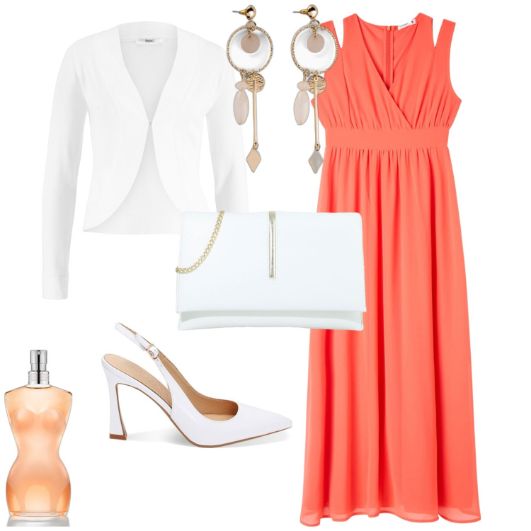 Outfit donna - Chic cerimonia evento serata. Stile Chic per Cerimonia. Abbinamento con orecchini, blazer, profumi, vestiti lunghi, pochette, décolleté.