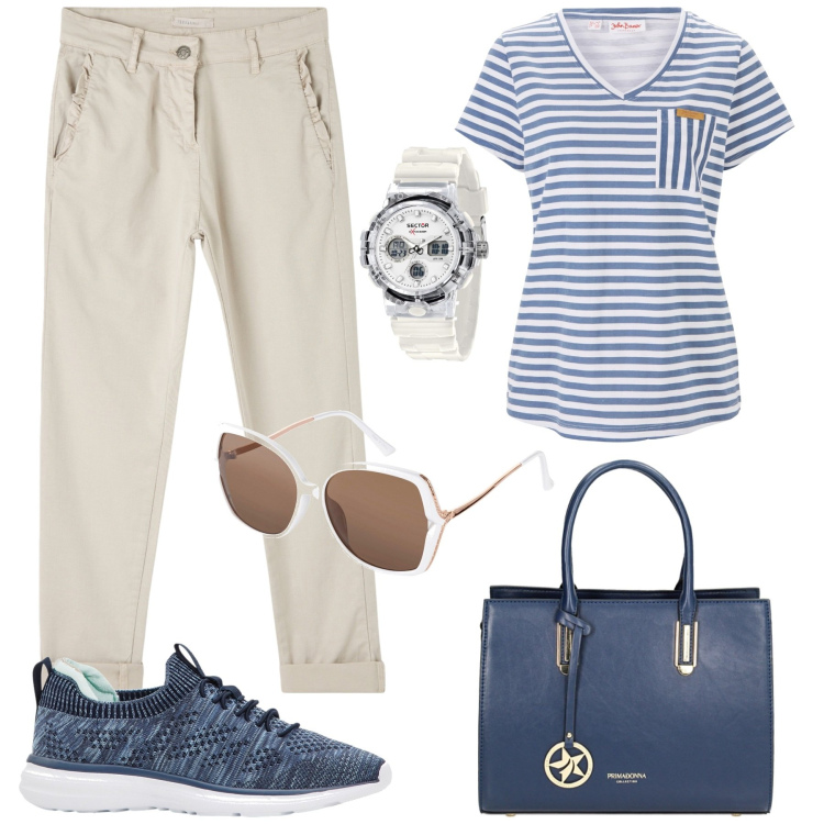 Outfit donna - Casual per il giorno. Stile Casual per Tutti i giorni. Abbinamento con sneakers, t-shirt, occhiali da sole, orologi, pantaloni chino, borse a mano.