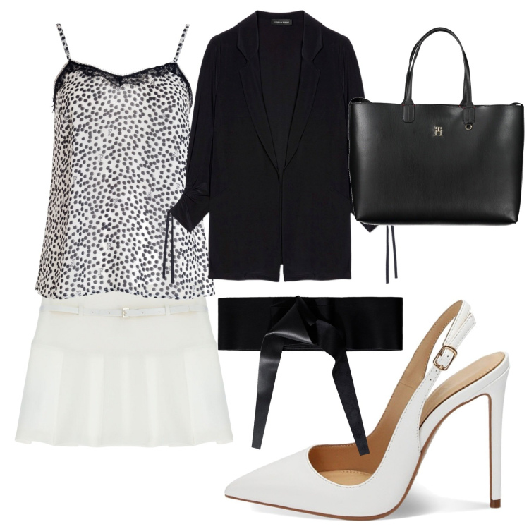 Outfit donna - Una canotta di sera a pois. Stile Bon Ton per Tutti i giorni. Abbinamento con cinture, minigonne, top, décolleté, borse a spalla, blazer.