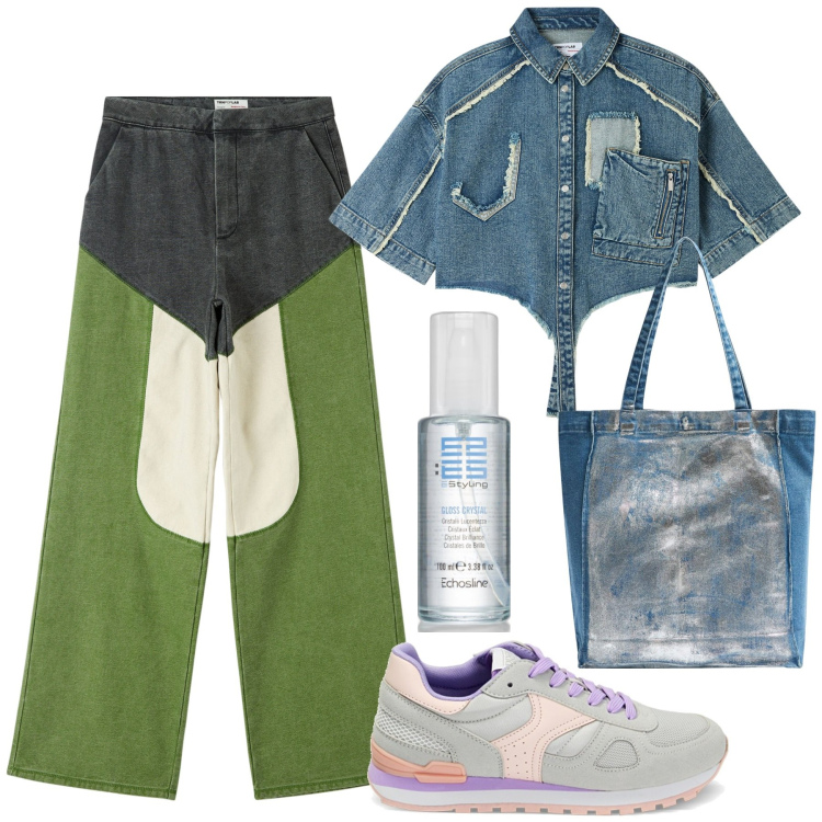 Outfit donna - Denim. Stile Urban per Tutti i giorni. Abbinamento con gloss, camicie a manica corta, shopping bag, jeans, sneakers.