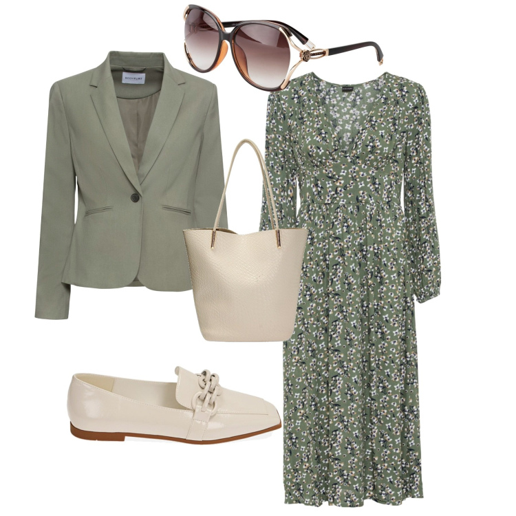 Outfit donna - Trendy ufficio week end. Stile Trendy per Ufficio. Abbinamento con occhiali da sole, blazer, vestiti corti, mocassini, borse a spalla.