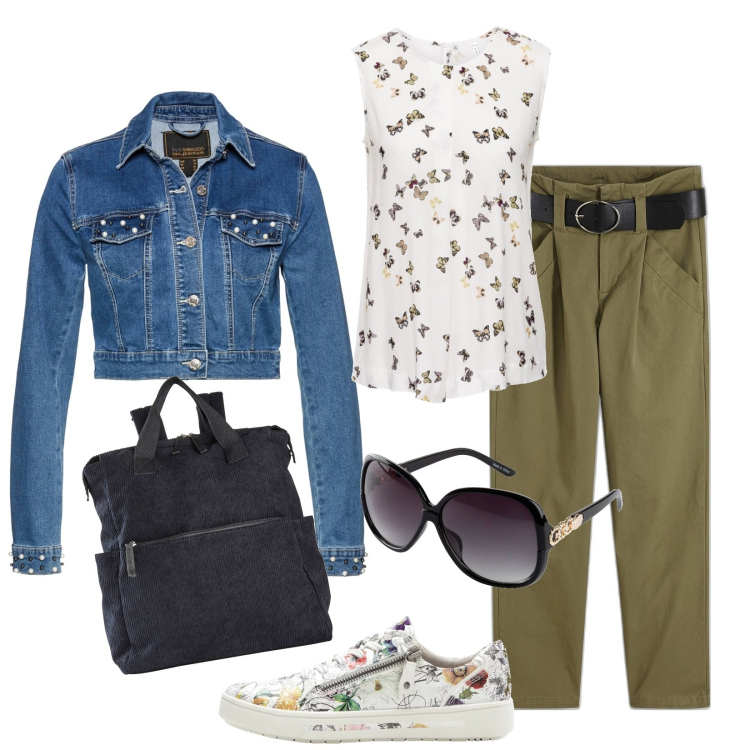 Outfit donna - Total look #1871050. Stile Chic per Tutti i giorni. Abbinamento con top, zaini, occhiali da sole, pantaloni, blazer, sneakers.