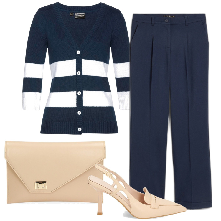 Outfit donna - Il cardigan a righe. Stile Casual chic per Tutti i giorni. Abbinamento con pantaloni, cardigans, mocassini, pochette.