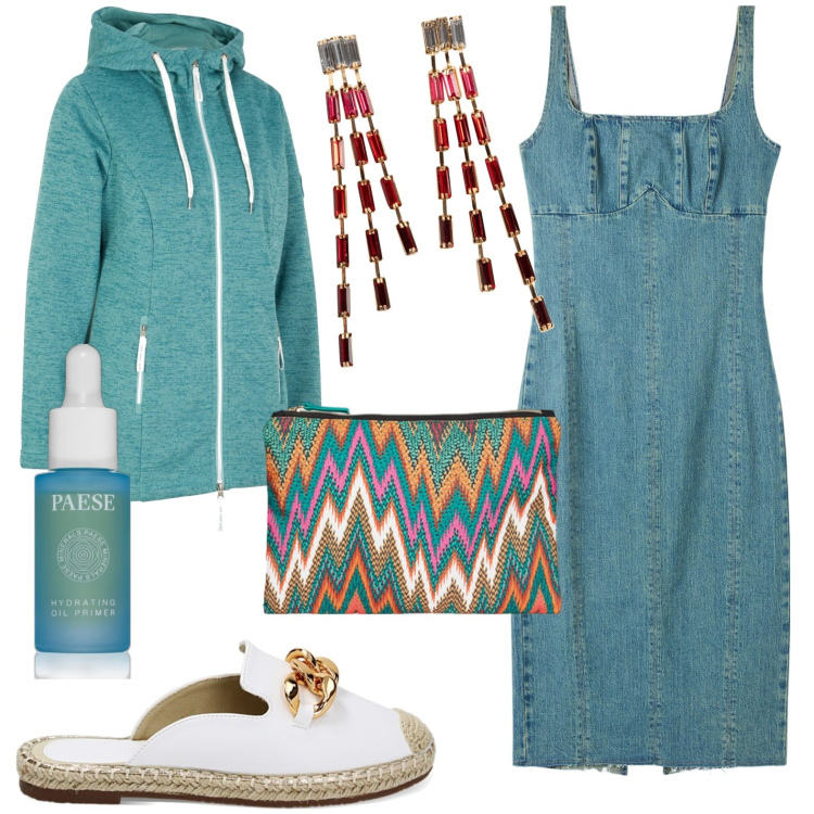 Outfit donna - Casual. Stile Casual per Tutti i giorni. Abbinamento con orecchini, blazer, primer, vestiti lunghi, sabot, pochette.
