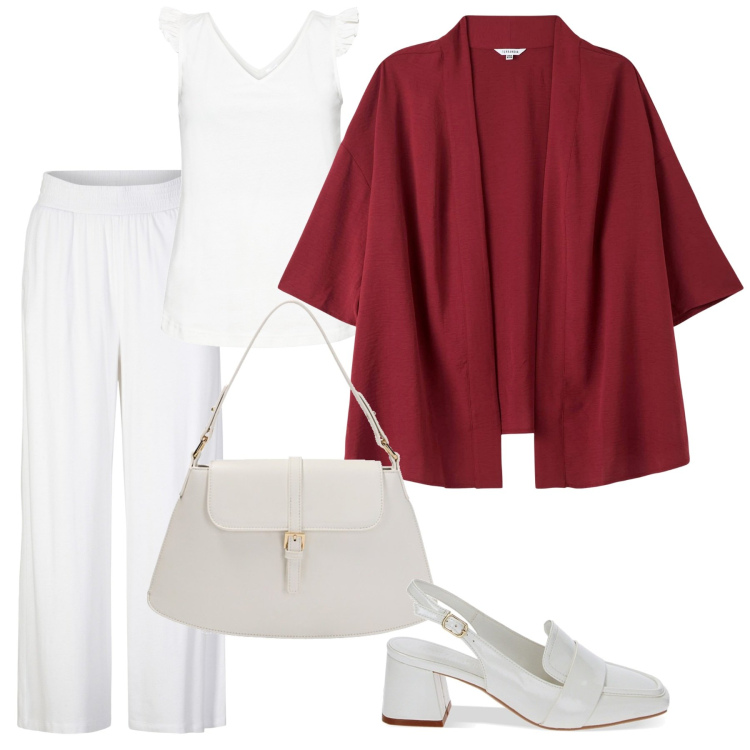 Outfit donna - Total look #1871099. Stile Minimal per Tutti i giorni. Abbinamento con pantaloni, top, kimono, borse a spalla, mocassini.