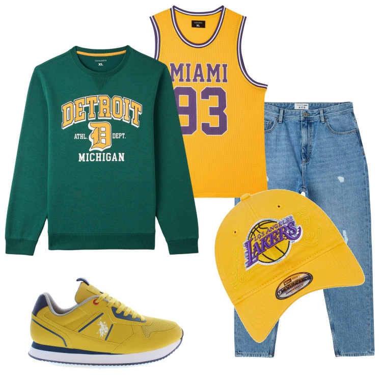 Outfit uomo - Alla partita. Stile Casual per Sport. Abbinamento con jeans strappati, felpe, canottiere, scarpe sportive, cappelli.