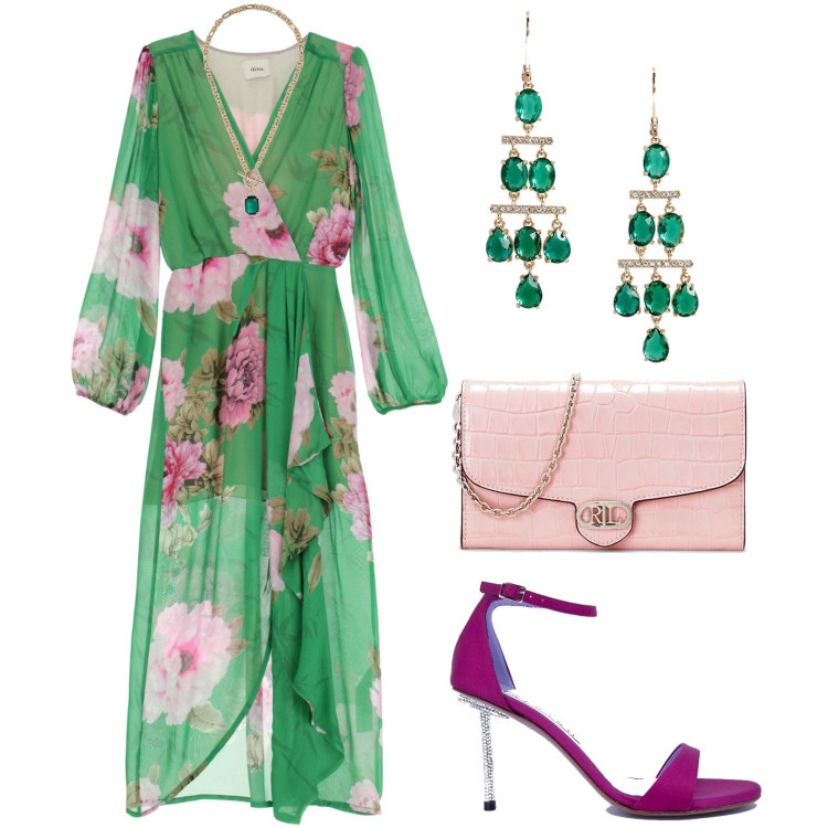 Outfit donna - Total look #1871107. Stile Chic per Cerimonia. Abbinamento con vestiti lunghi, collane, orecchini, borse a tracolla, sandali in pelle.