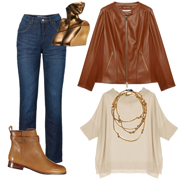 Outfit donna - Total look #1871131. Stile Casual per Tutti i giorni. Abbinamento con jeans dritti, collane, profumi, maglieria, blazer, stivali.
