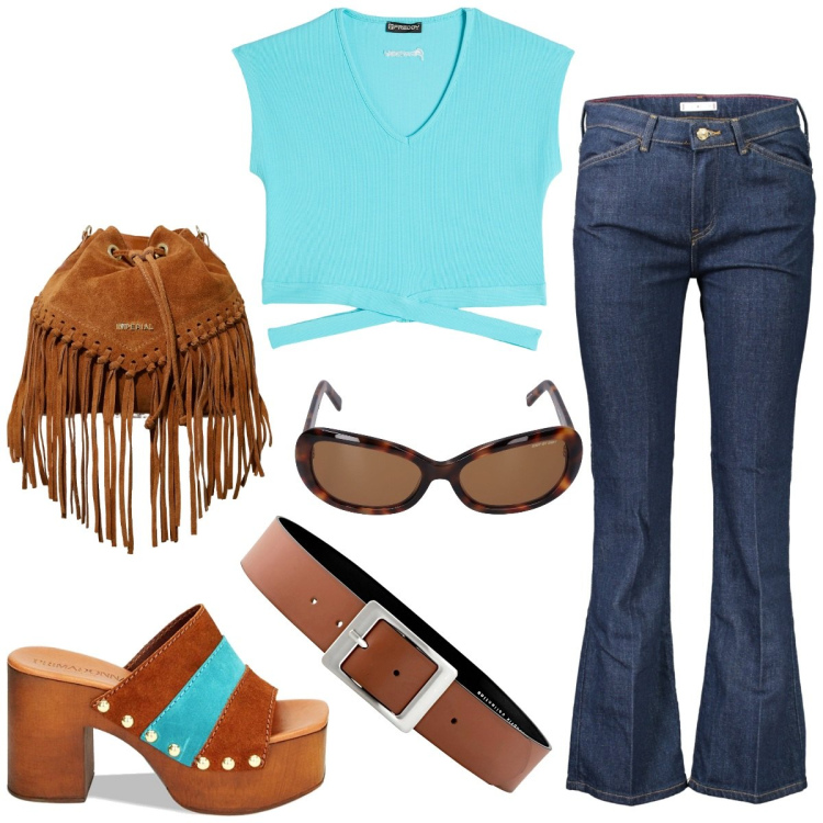 Outfit donna - Favolosi anni \'70. Stile 70s per Tutti i giorni. Abbinamento con cinture, borse a secchiello, t-shirt, zoccoli, jeans, occhiali da sole.