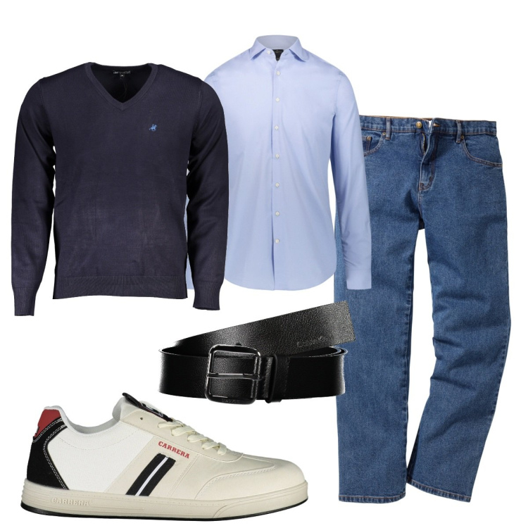 Outfit uomo - Total look #1871134. Stile Casual per Ufficio. Abbinamento con jeans dritti, maglieria, camicie, cinture, scarpe sportive.