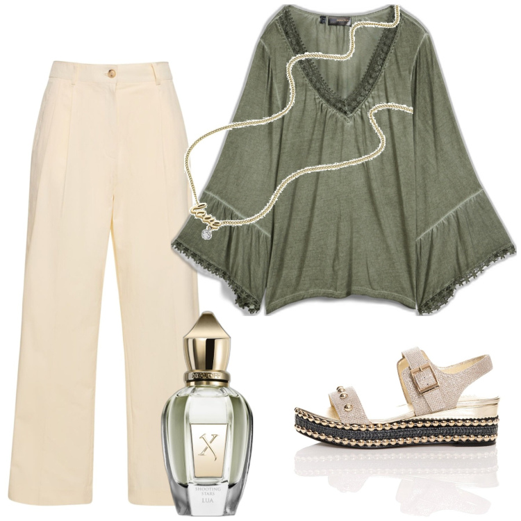 Outfit donna - Total look #1871141. Stile Boho per Tutti i giorni. Abbinamento con maglieria, collane, profumi, sandali, pantaloni chino.