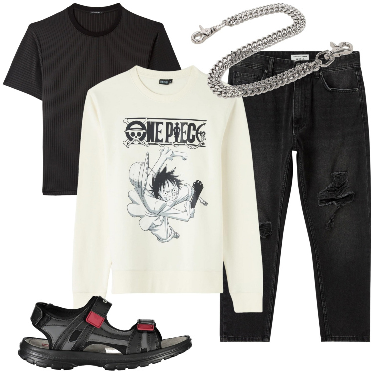 Outfit uomo - Total look #1871144. Stile Trendy per Tutti i giorni. Abbinamento con jeans strappati, felpe, t-shirt, orologi, sandali.