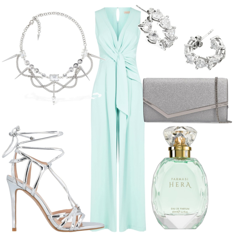 Outfit donna - La tuta in georgette acqua. Stile Glamour per Cerimonia. Abbinamento con orecchini, profumi, sandali in pelle, tute, pochette, collane.