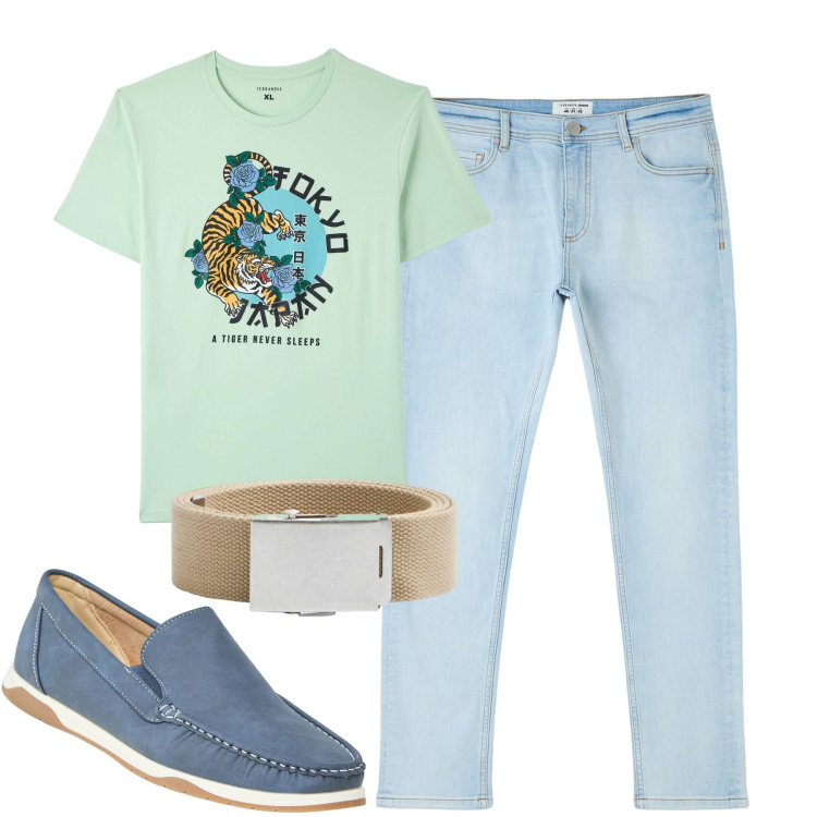 Outfit uomo - Total look #1871173. Stile Urban per Tutti i giorni. Abbinamento con jeans skinny, scarpe stringate, t-shirt, cinture.