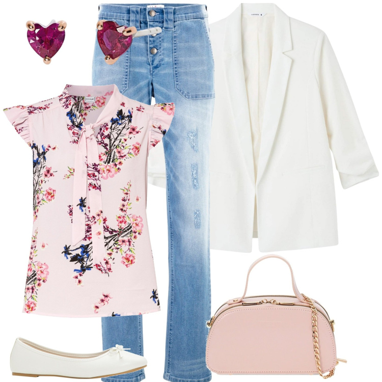 Outfit donna - Tonalità dolci e sognanti. Stile Romantica per Tutti i giorni. Abbinamento con bluse, jeans boyfriend, ballerine, blazer, orecchini, borse a mano.