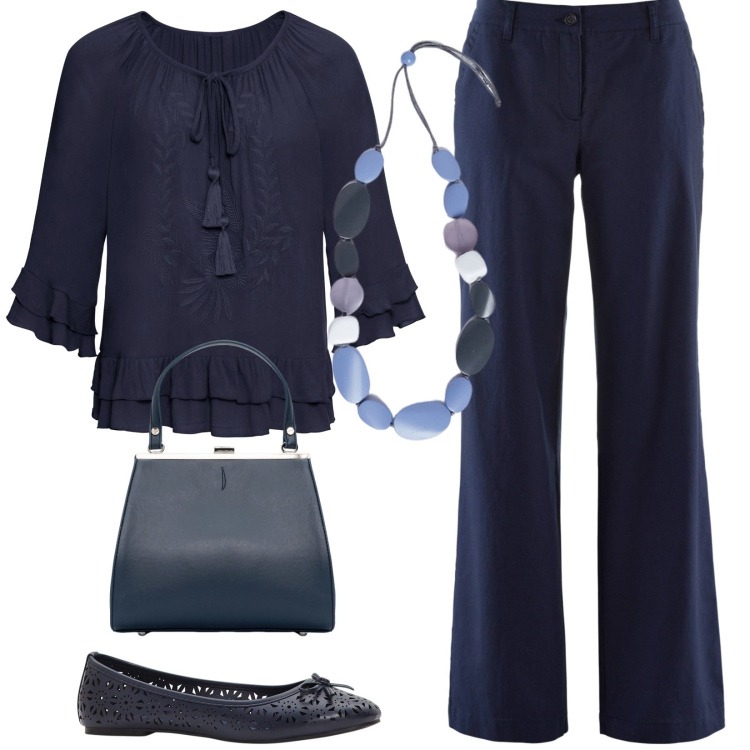 Outfit donna - minimal blu. Stile Minimal per Tutti i giorni. Abbinamento con pantaloni, tuniche, ballerine, clutch, collane.