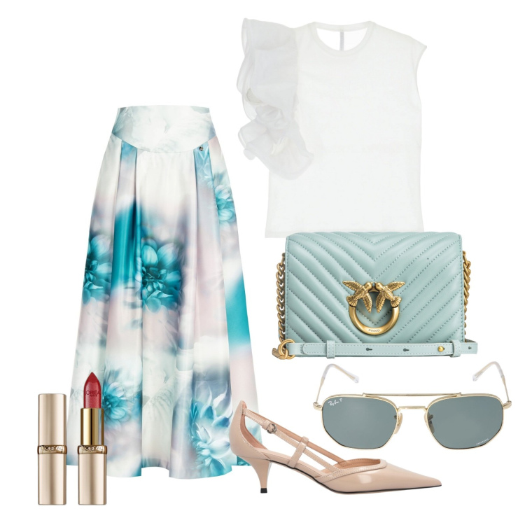 Outfit donna - Ghost outfitter - maggio. Stile Bon Ton per Tutti i giorni. Abbinamento con rossetti, décolleté, borse a tracolla, gonne lunghe, t-shirt, occhiali da sole.