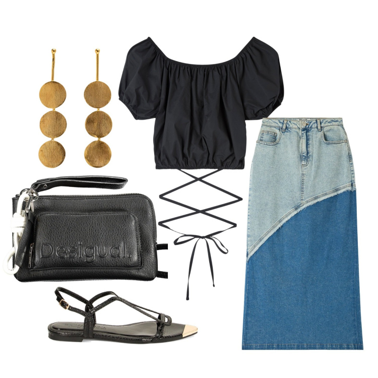 Outfit donna - Ghost outfitter - maggio. Stile Trendy per Tutti i giorni. Abbinamento con gonne lunghe, bluse, sandali, borse a tracolla, orecchini.