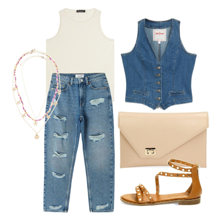 Outfit donna - Ghost outfitter - maggio. Stile Casual chic per Tutti i giorni. Abbinamento con gilet, ciondoli, jeans mom, canottiere, pochette, sandali.