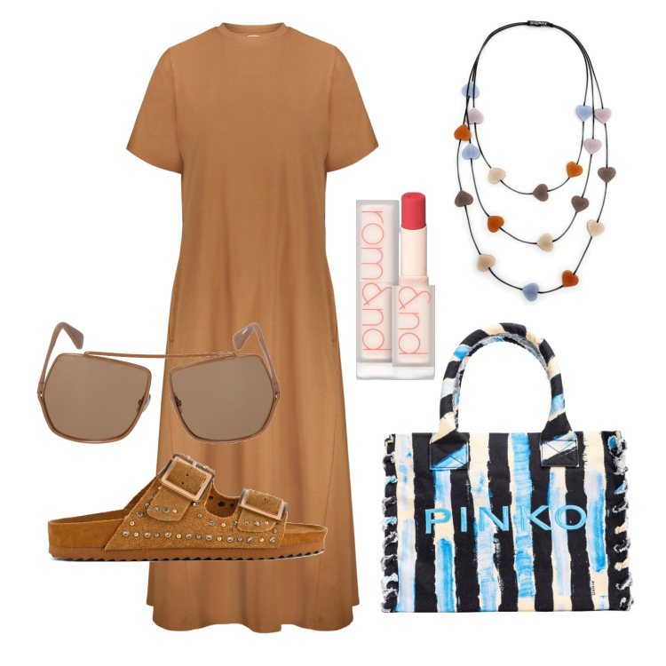 Outfit donna - Ghost outfitter - maggio. Stile Casual chic per Tutti i giorni. Abbinamento con collane, rossetti, shopping bag, vestiti midi/longuette, occhiali da sole, sandali.